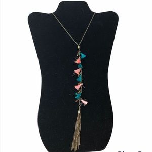 Shiraleah Anthropologie Necklace Fringe Constanza Peach Aqua Turquoise Tassels